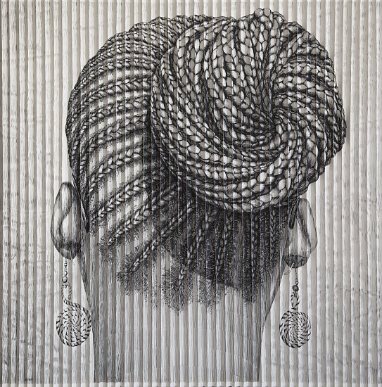 GARY STEPHENS, Spiral Braid Bun with Rafia Earrings
Charcoal on folded paper with string