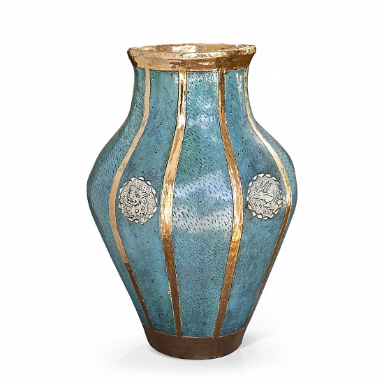 LUCINDA MUDGE, Vase with Gold Stripes and Animals
Ceramic, gold lustre