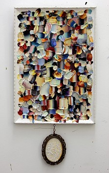 Effigy from a Gathering, 2019, oil on supawood,frames and copper wire, 113 x 58 cm