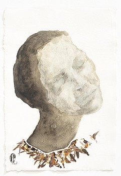 Shany van den Berg, All Too Soon They Fly Off in the Wind, watercolour and collage on vintage paper, 62 x 42 cm