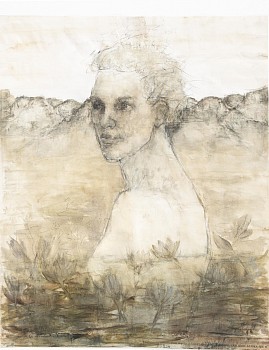 Shany van den Berg, childhood memories under the Langeberg mountains, charcoal, watercolour and oil on vintage map, 115cm by 90cm