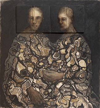 Shany van den Berg, Entwined, ink, charcoal, oil and vollage with vintage book cover on linen, 160 x 150 cm