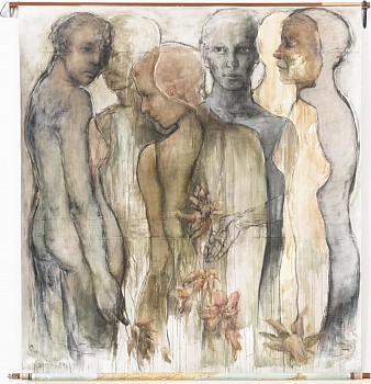 Shany van den Berg, From Here to There, charcoal, watercolour and oil on vintage map, 200cm by 180cm