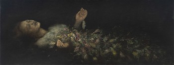 Shany van den Berg, Ophelia is Dreaming, Pencil, charcoal and oil on board, 70 x 183 cm
