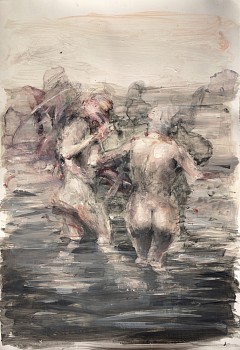 Tempo sospeso loro due, 2020, acrylic, oil and pencil on paper, cm 50x35, AP 18 20,