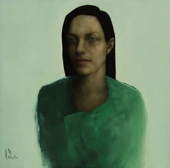 Shany van den Berg, Wrapped in green, oil on board, 55 x 55 cm