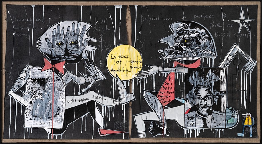 BLESSING NGOBENI, Dining on Blood Soup
Mixed Media on paper (diptych)
