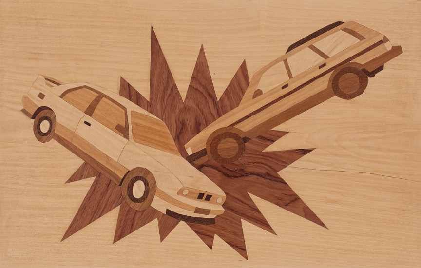 LUCA EVANS, CRASH, /kÉ¹æÊƒ/, 2023
african rosewood, birch, kiaat, maple, sapele and walnut on pine