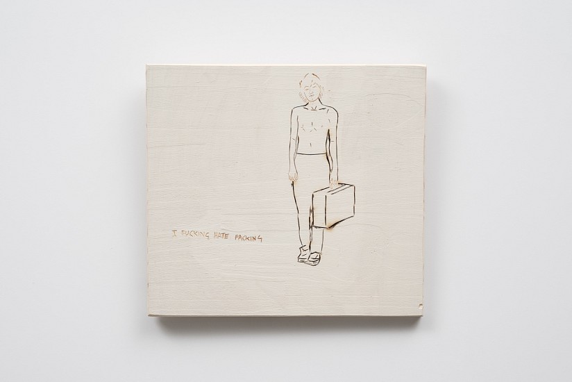 BRETT CHARLES  SEILER, Jeremy with a Suitcase, I Hate Fucking Packing
engraving on painted wood