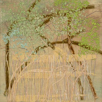 arabella caccia trees embroidery and applique on hand painted silk 35 x 35 cm hr c matt slater 1 cropped