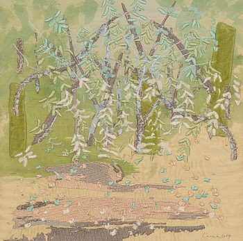 arabella caccia woodland embroidery and applique on hand painted silk 40 x 40 cm hr c matt slater 1 cropped