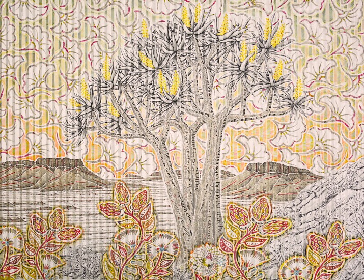 GARY STEPHENS, Dawn Quiver Tree under a Flower Petal Sky
chalk pastel, newsprint collage and charcoal on folded paper