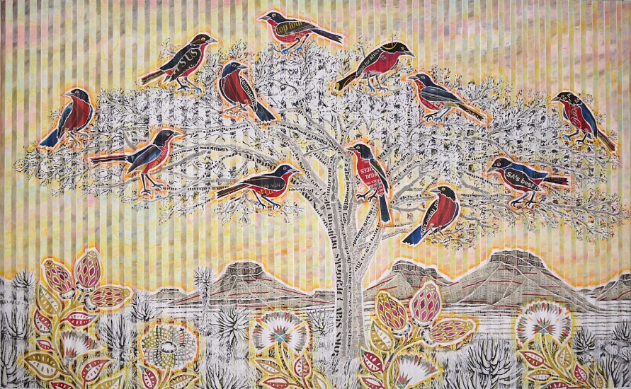 GARY STEPHENS, Crimson Breasted Shrikes, Dawn Acacia
chalk pastel, newsprint collage and charcoal on folded paper