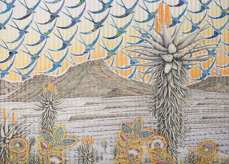 GARY STEPHENS, Under a Blue Swallow Sky, Graaff-Reinet
chalk pastel, newsprint collage and charcoal on folded paper