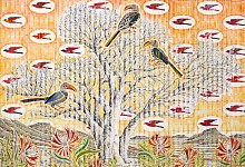 gary stephens yellow hornbill with sunset shepards tree 114x 153cm chalk pastel charcoal and newsprint collage on pleated paper 2025 hr
