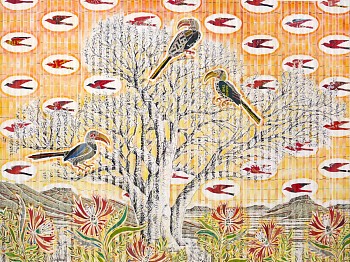 gary stephens yellow hornbill with sunset shepards tree 114x 153cm chalk pastel charcoal and newsprint collage on pleated paper 2025 hr