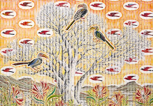 gary stephens yellow hornbill with sunset shepards tree 114x 153cm chalk pastel charcoal and newsprint collage on pleated paper 2025 hr