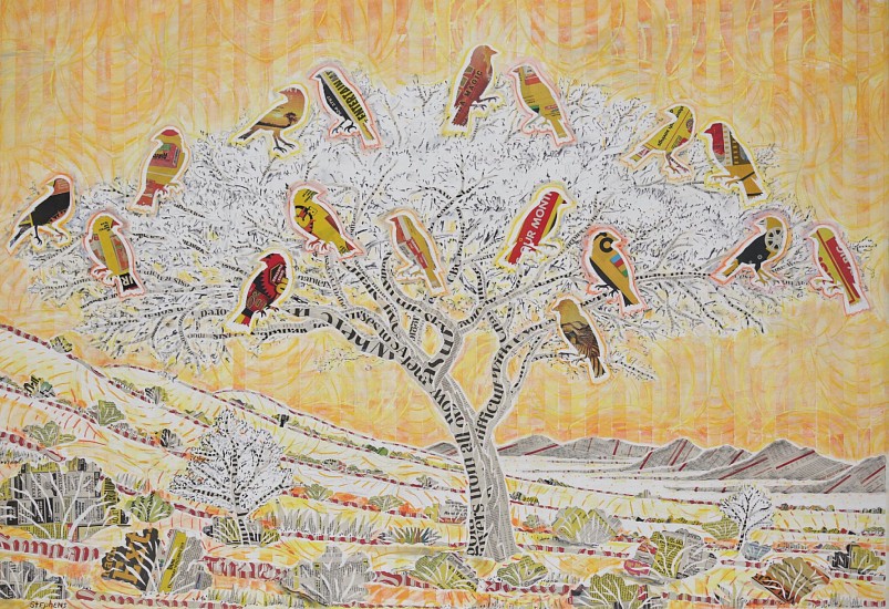 GARY STEPHENS, Sparrow Weaver Acacia, Kalahari
chalk pastel, newsprint collage and charcoal on folded paper