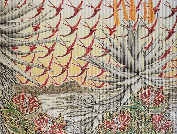 GARY STEPHENS, Twilight Aloes with Red Swallows, Graaff-Reinet
chalk pastel, newsprint collage and charcoal on folded paper