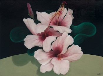 Shany van den Berg, Pink hibiscus in wavy vase, oil on linen, 60 x 80 cm LR (c) Mike Hall