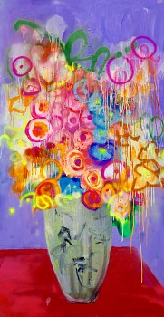 Kilmany Jo Liversage, FRIVOLOUA, acrylic,aerosol spray, marker and oil pastel on canvas, 107 x 200 cm