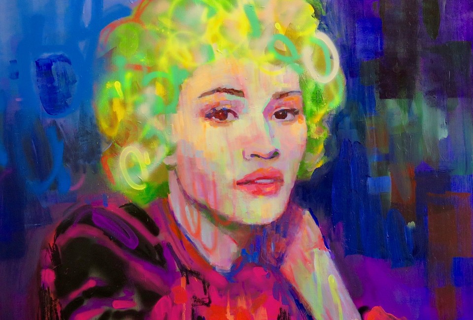 Kilmany Jo Liversage, VIOLETTA, acrylic, aerosol spray and marker on canvas, 150 x 150 cm