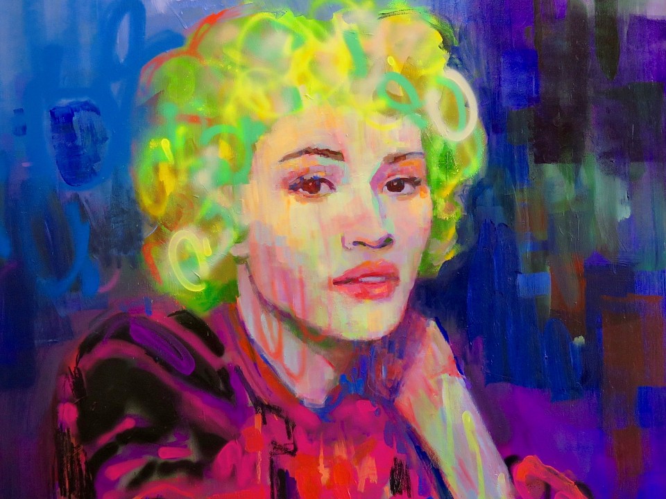 Kilmany Jo Liversage, VIOLETTA, acrylic, aerosol spray and marker on canvas, 150 x 150 cm