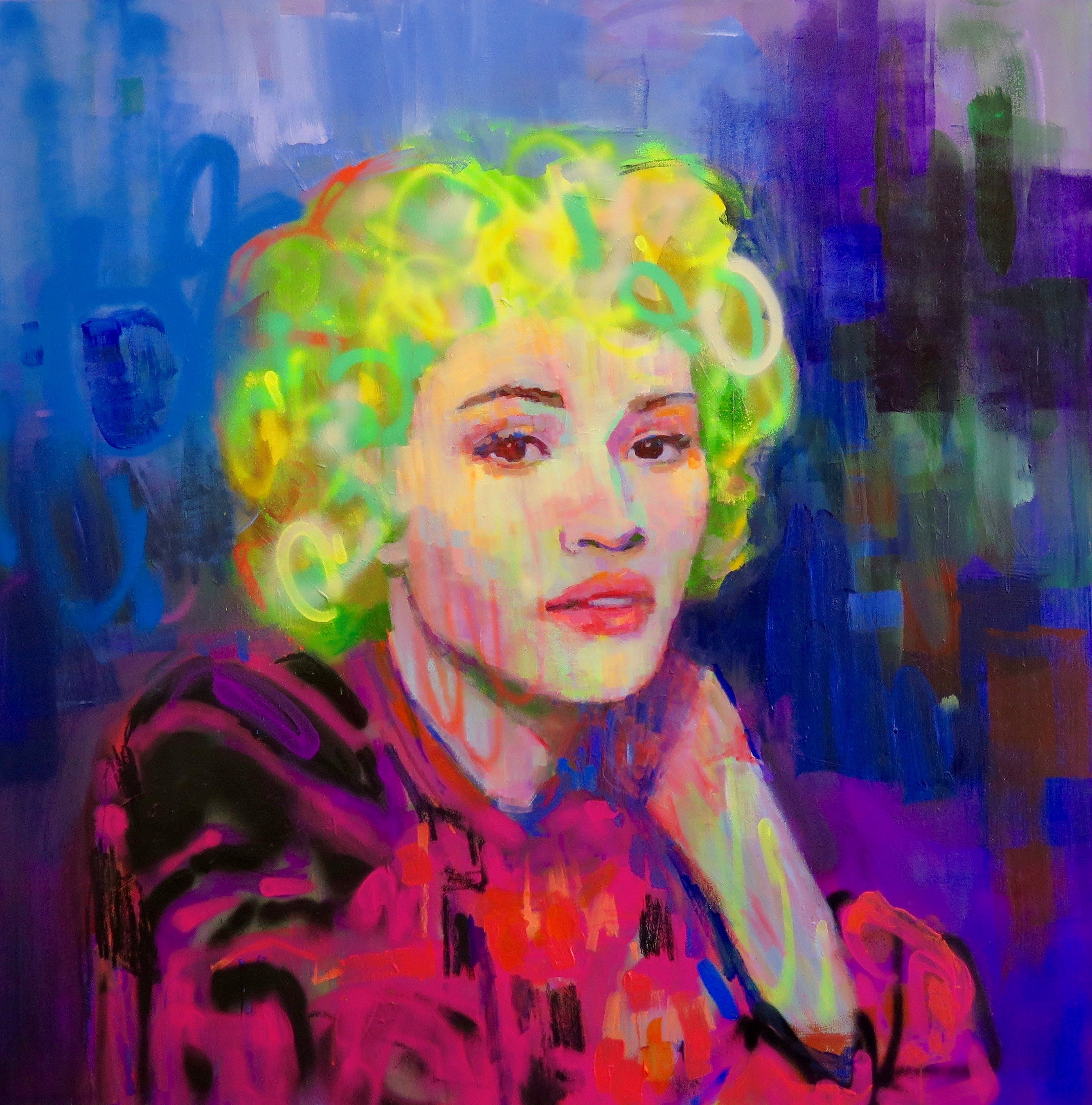 Kilmany Jo Liversage, VIOLETTA, acrylic, aerosol spray and marker on canvas, 150 x 150 cm