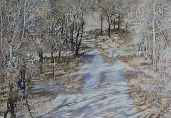 THE DUSTY ROAD THROUGH WINTER TAMBOTI TREES, Spirostachys africana, Lion Sands Game Reserve. Oil on Belgian Linen, 90 x 130cm